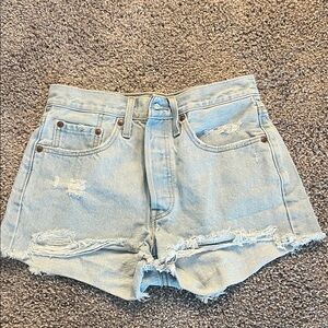 Levi 501 Light Blue Distressed Denim Shorts